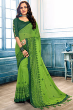 Load image into Gallery viewer, Green Color Sangeet Wear Chiffon Fabric Embroidery Work Saree
