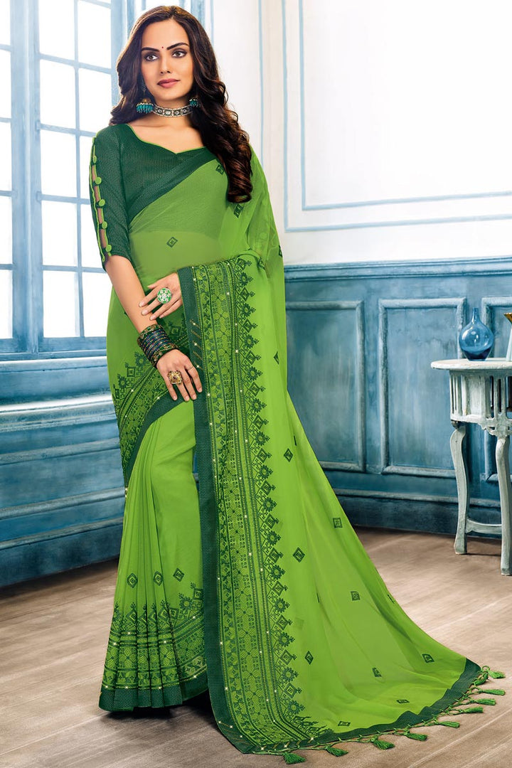 Green Color Sangeet Wear Chiffon Fabric Embroidery Work Saree