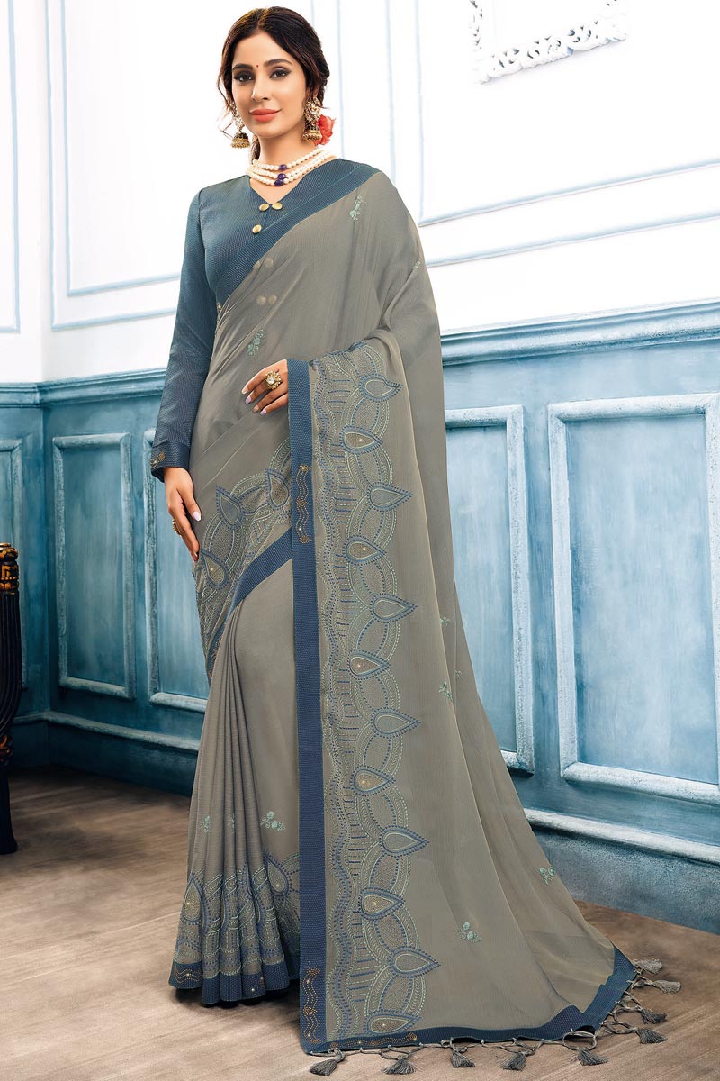 Sangeet Wear Grey Color Chiffon Fabric Embroidery Work Saree