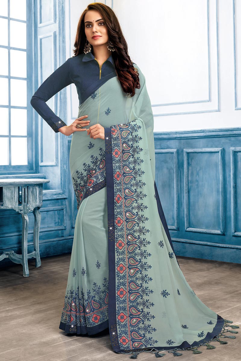 Chiffon Fabric Light Cyan Color Designer Saree