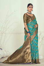 Load image into Gallery viewer, Organza Fabric Cyan Color Alluring Weaving And Stone Work Saree

