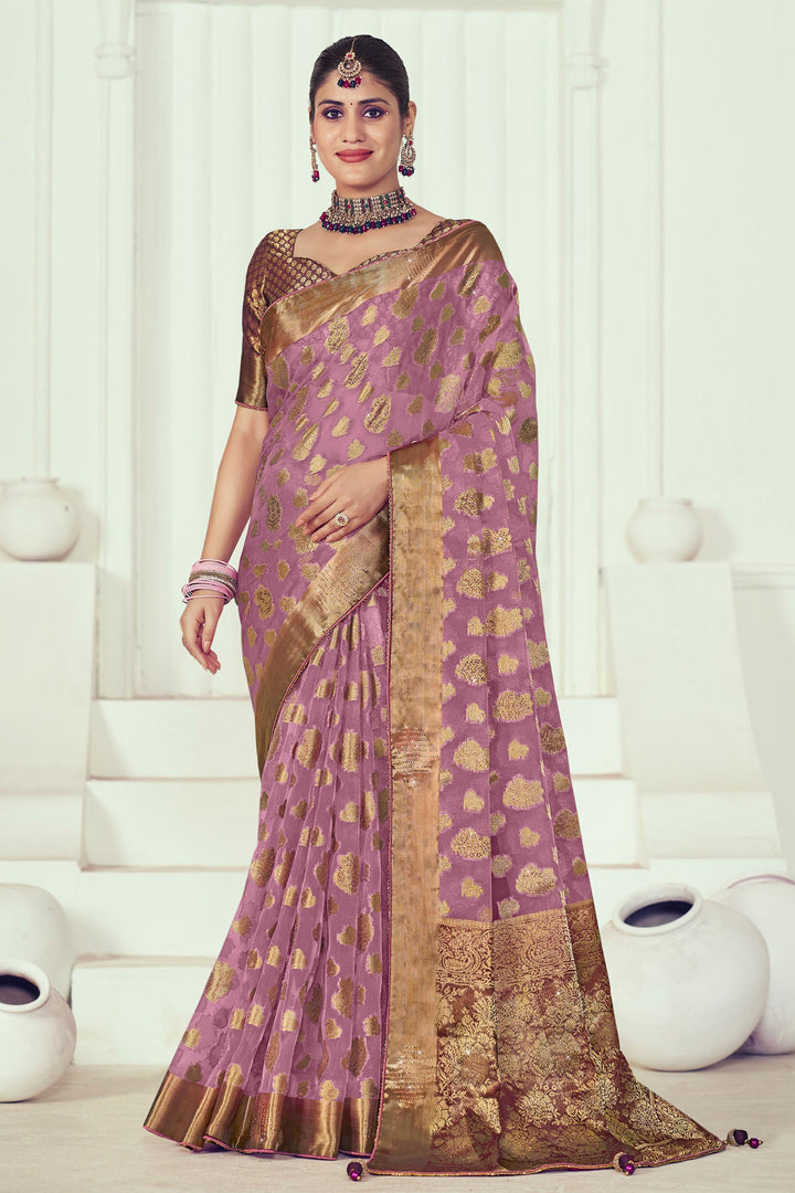 Lavender Color Organza Fabric Precious Weaving And Stone Work Saree