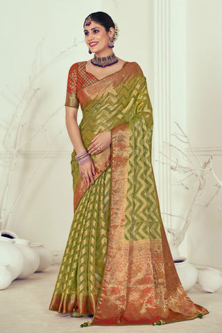 Organza Fabric Olive Color Incredible Weaving And Stone Work Saree