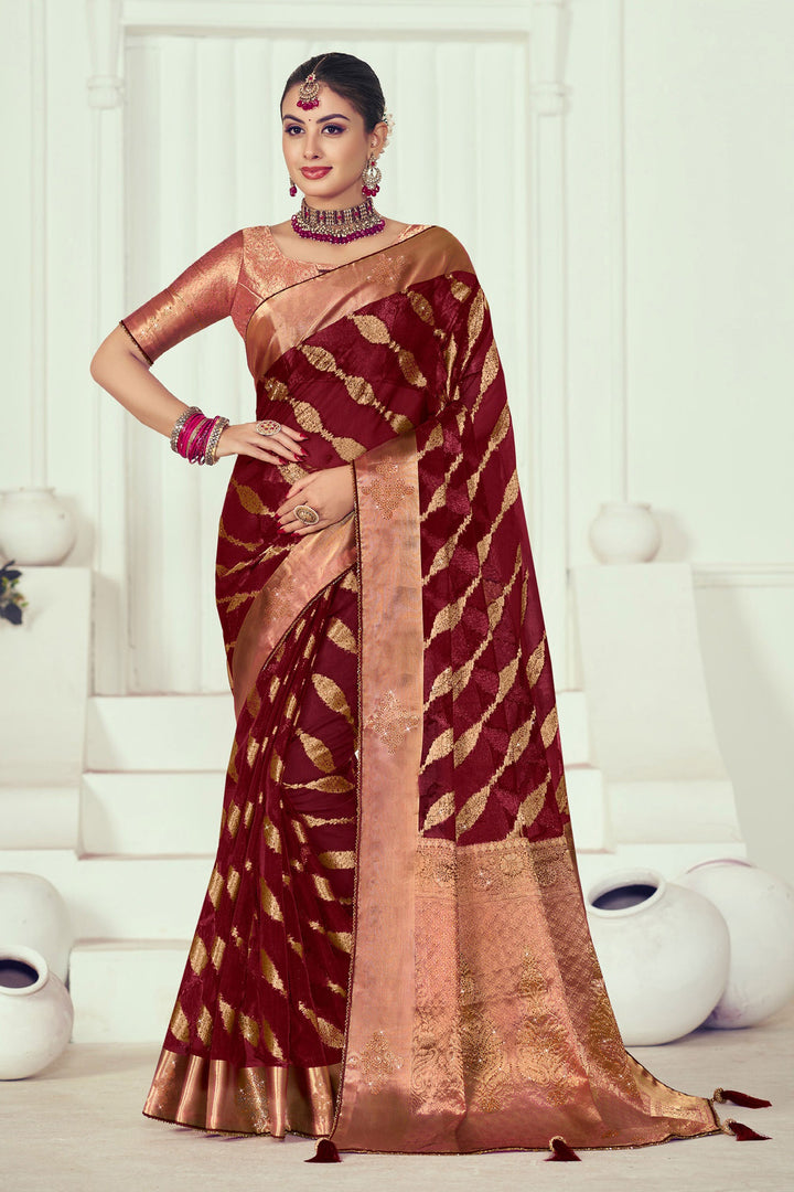 Organza Fabric Maroon Color Majestic Weaving And Stone Work Saree