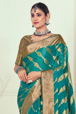 Load image into Gallery viewer, Organza Fabric Teal Color Coveted Weaving And Stone Work Saree
