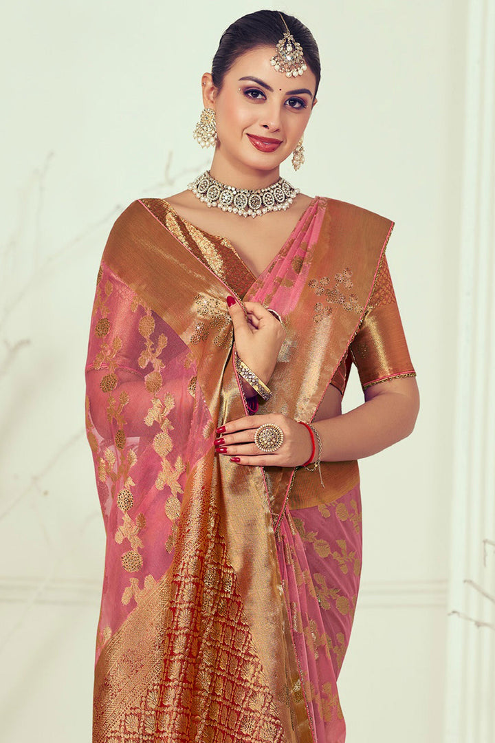 Pink Color Engrossing Weaving And Stone Work Saree In Organza Fabric