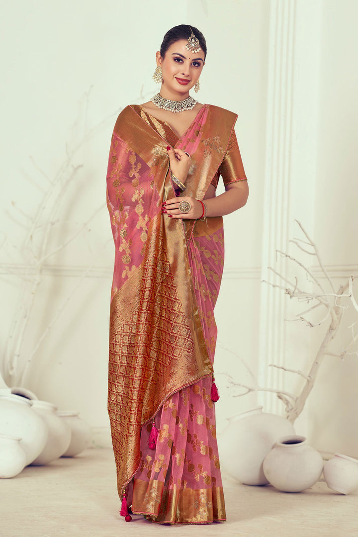 Pink Color Engrossing Weaving And Stone Work Saree In Organza Fabric