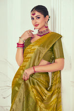 Load image into Gallery viewer, Organza Fabric Yellow Color Intriguing Weaving And Stone Work Saree
