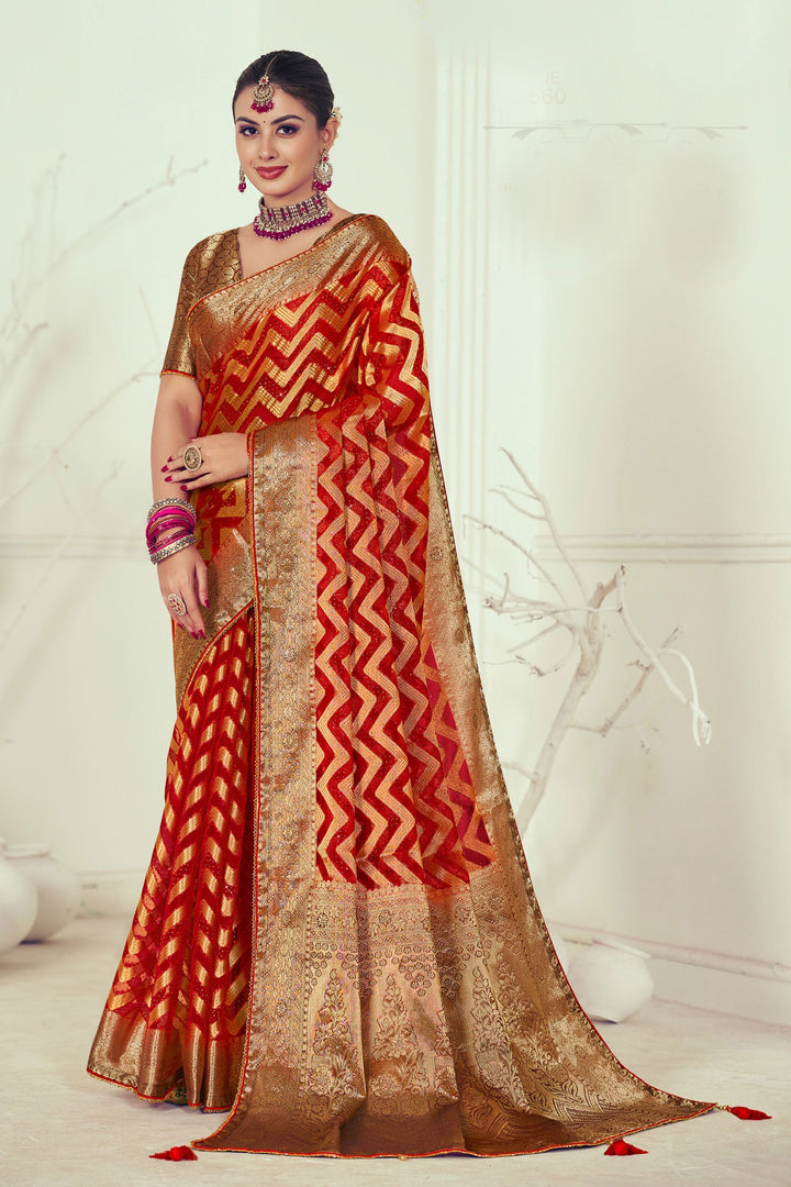 Red Color Enthralling Weaving And Stone Work Saree In Organza Fabric