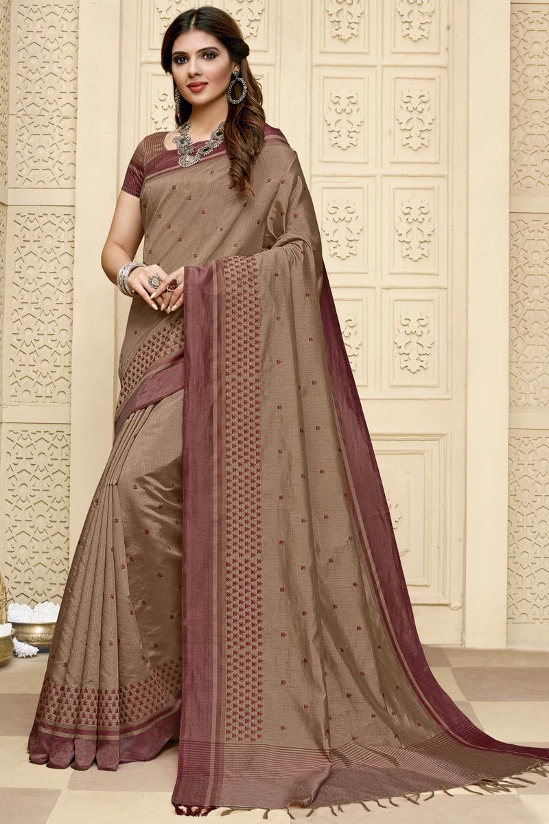 Art Silk Fabric Sangeet Wear Dark Beige Color Fancy Embroidery Work Saree
