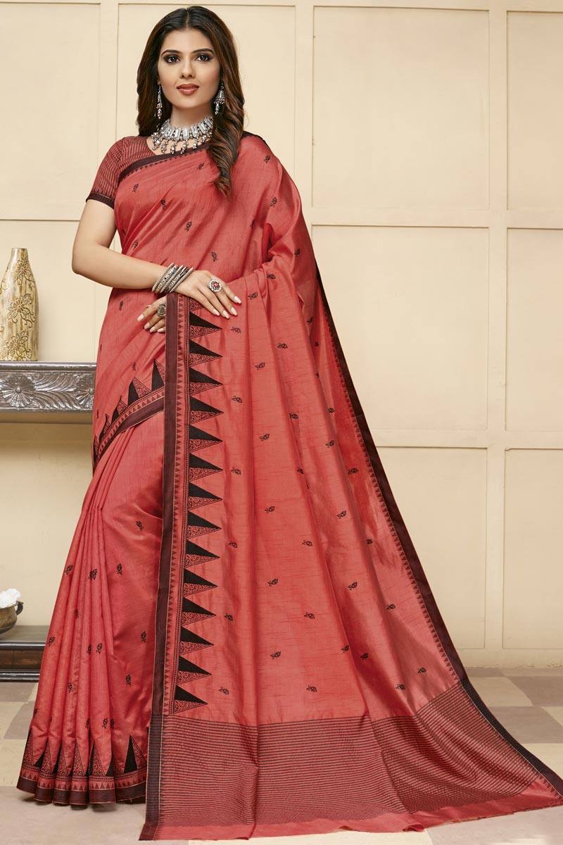 Designer Peach Color Art Silk Fabric Party Wear Saree