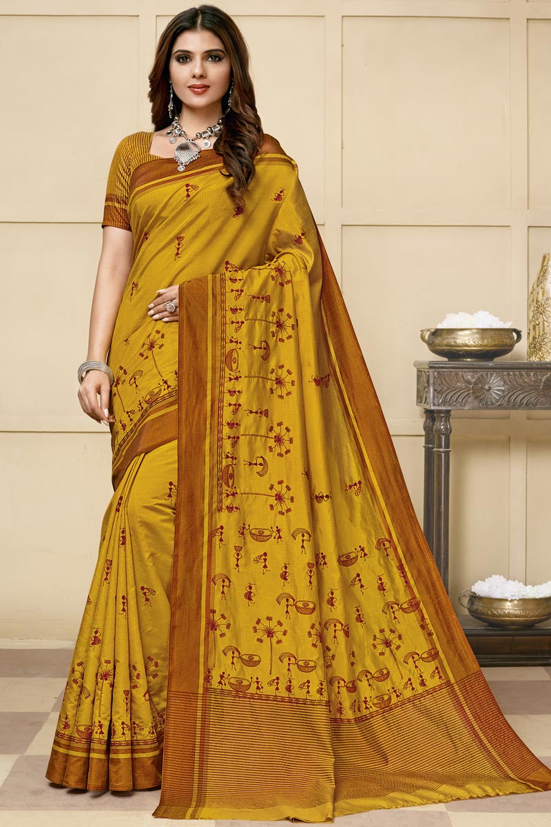 Art Silk Fabric Mustard Color Wedding Wear Saree