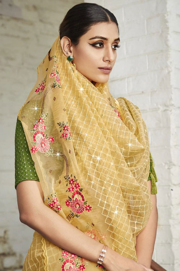 Yellow Color Party Style Embroidered and Stone Work Incredible Organza Saree