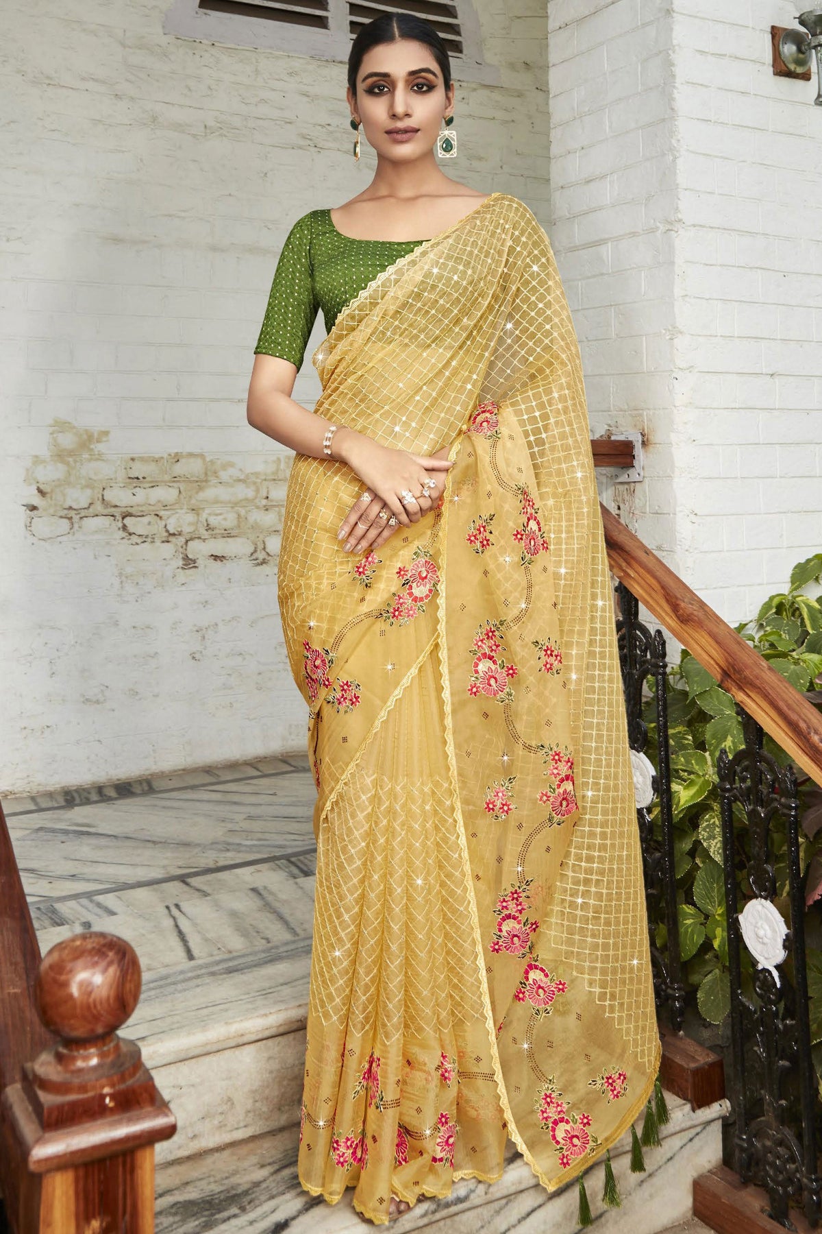 Yellow Color Party Style Embroidered and Stone Work Incredible Organza Saree