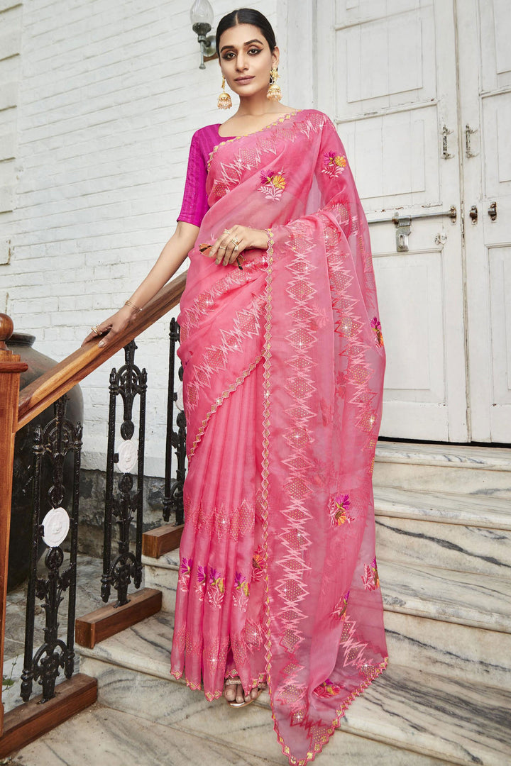 Pink Color Party Style Embroidered and Stone Work Charismatic Organza Saree