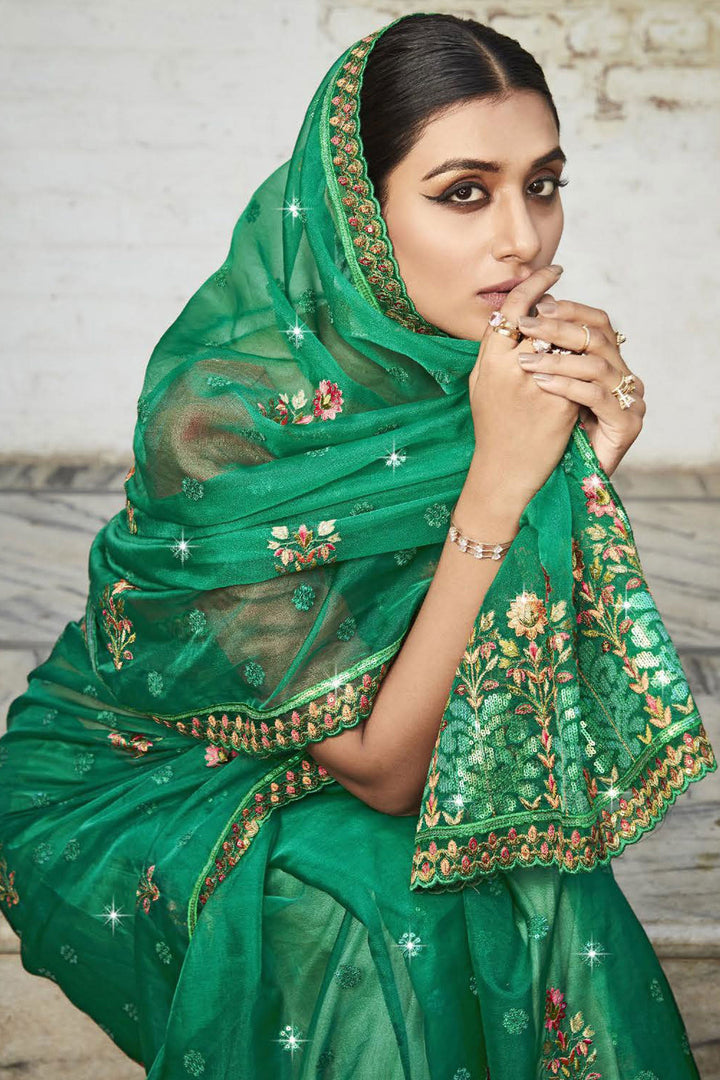 Embroidered and Stone Work Party Style Green Color Phenomenal Organza Saree
