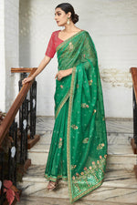 Load image into Gallery viewer, Embroidered and Stone Work Party Style Green Color Phenomenal Organza Saree
