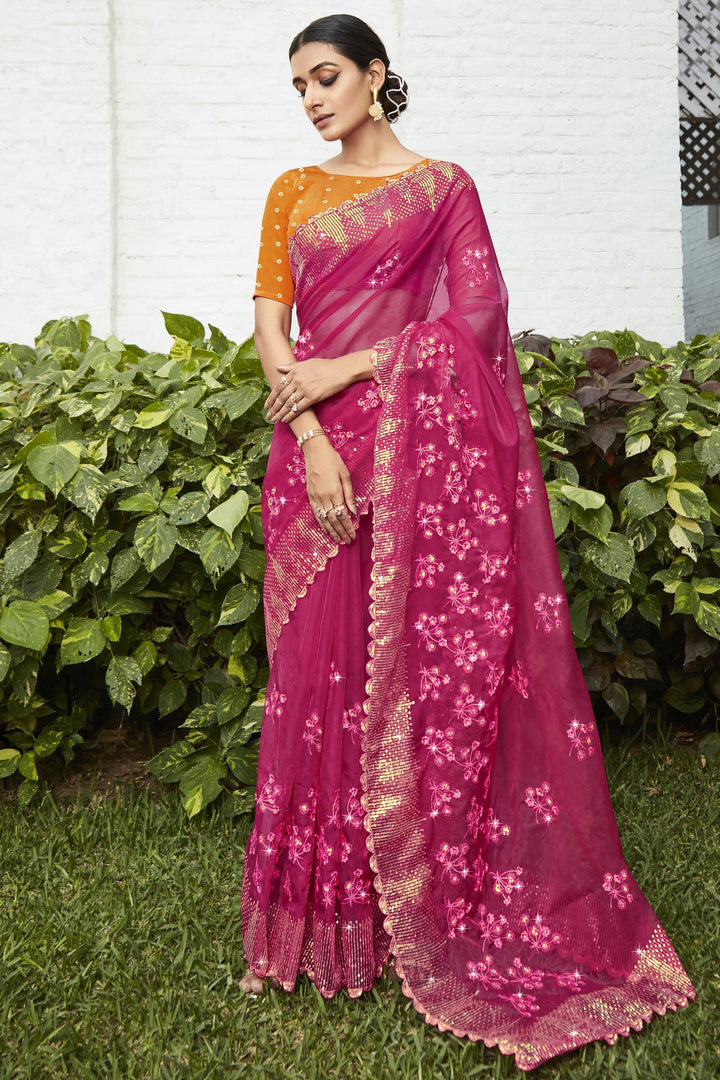 Pink Color Embroidered and Stone Work Party Style Miraculous Organza Saree