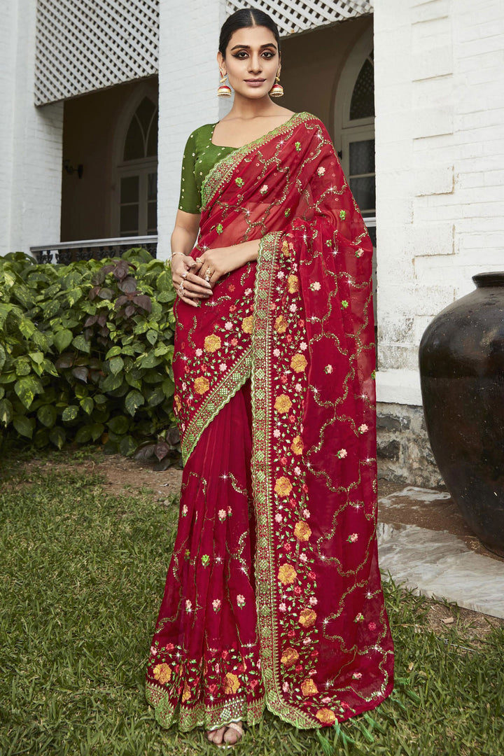 Red Color Embroidered and Stone Work Party Style Luminous Organza Saree