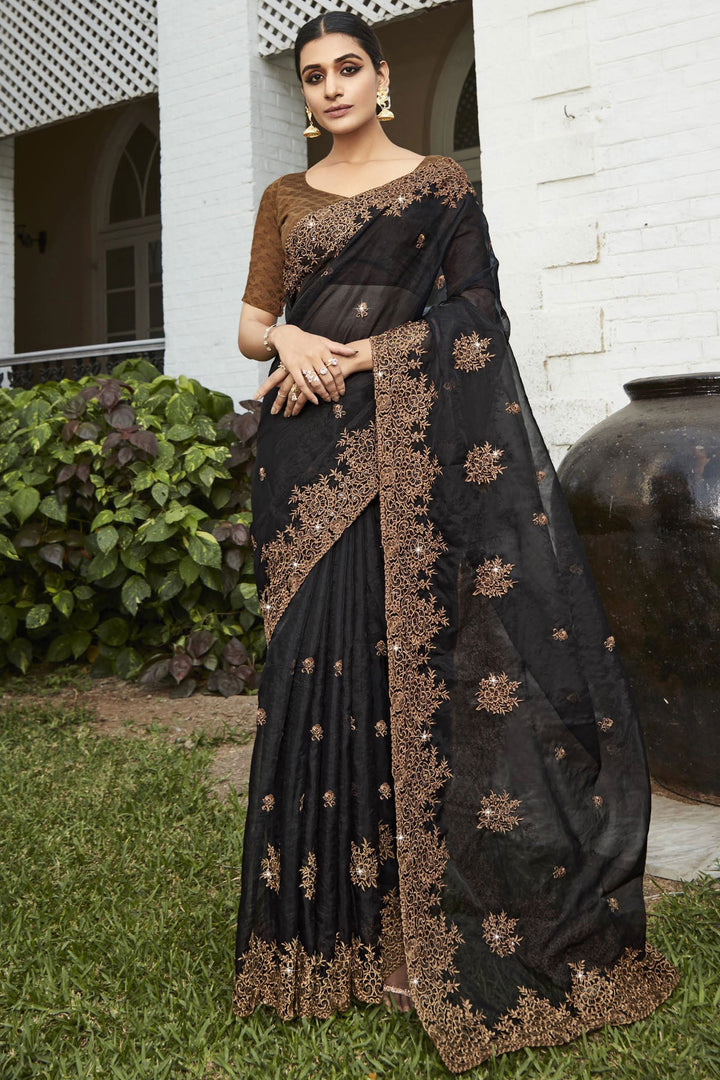 Embroidered and Stone Work Party Style Vivacious Organza Saree In Black Color