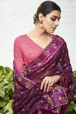 Load image into Gallery viewer, Embroidered and Stone Work Party Style Mesmeric Organza Saree In Wine Color
