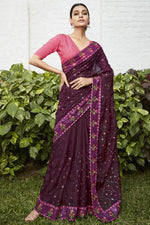 Load image into Gallery viewer, Embroidered and Stone Work Party Style Mesmeric Organza Saree In Wine Color

