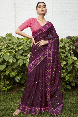 Embroidered and Stone Work Party Style Mesmeric Organza Saree In Wine Color