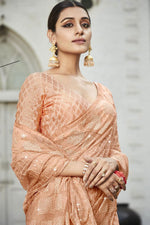 Load image into Gallery viewer, Embroidered and Stone Work Party Style Wondrous Organza Saree In Peach Color
