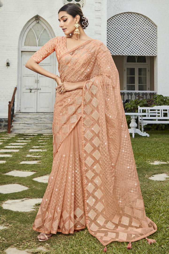 Embroidered and Stone Work Party Style Wondrous Organza Saree In Peach Color