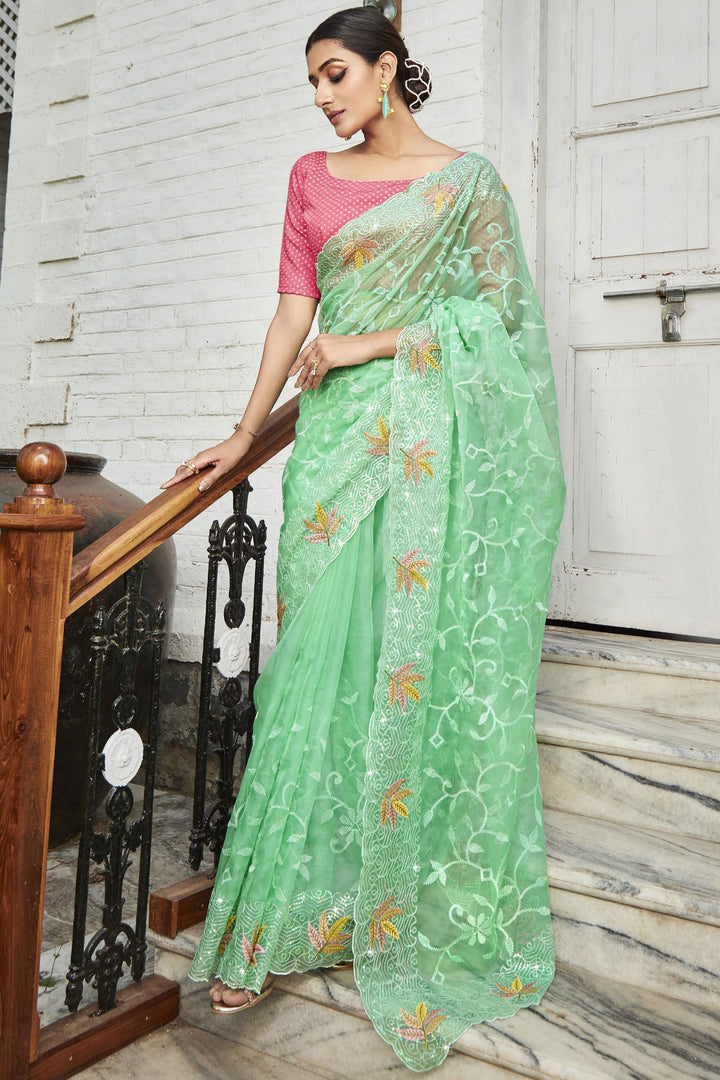 Party Style Embroidered and Stone Work Sea Green Color Supreme Organza Saree