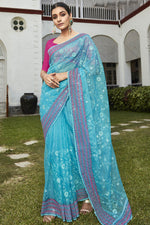 Load image into Gallery viewer, Embroidered and Stone Work Party Style Vintage Organza Saree In Cyan Color
