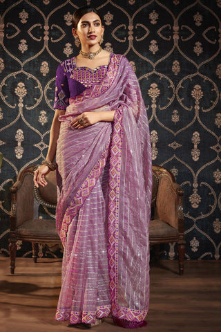 Lavender Color Border Work On Organza Fabric Beatific Saree