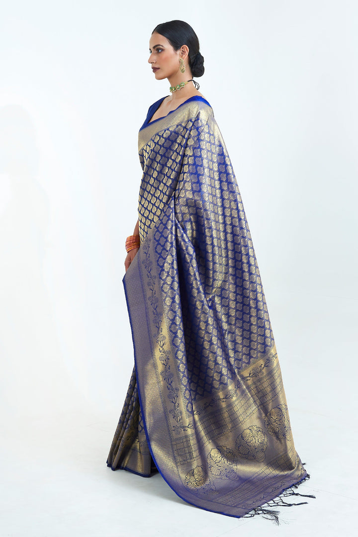 Cavern Blue Pure Weaving Silk Saree With Handloom Pallu