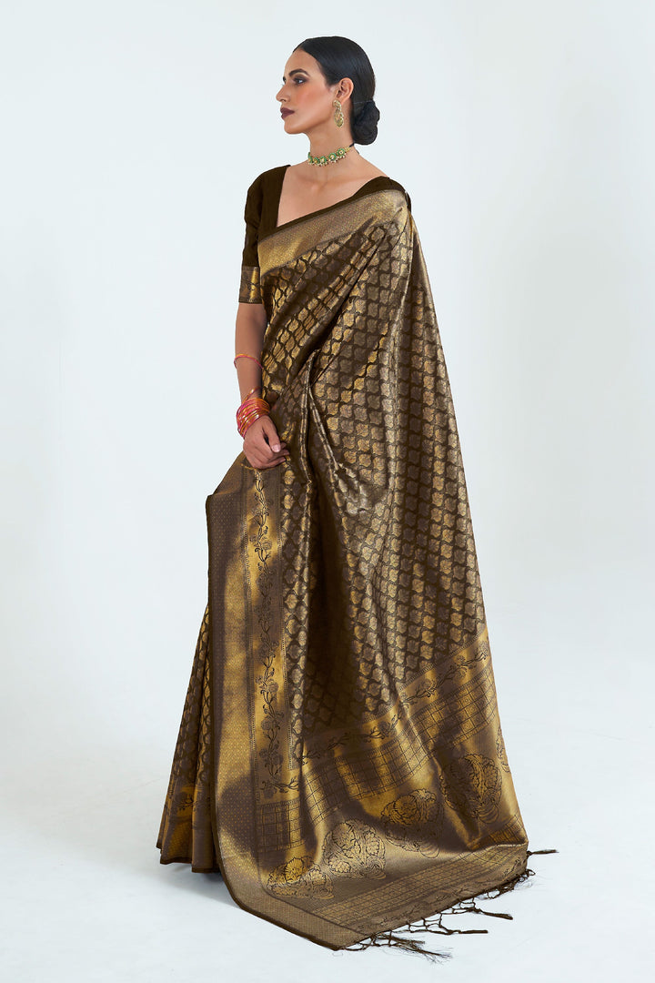 Brown Color Winsome Pure Weaving Silk Saree With Handloom Pallu