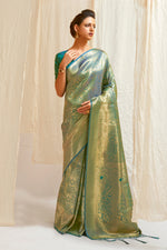 Load image into Gallery viewer, Attractive Handloom Zari Weaving Silk Saree In Sea Green Color With Kanjivaram Blouse
