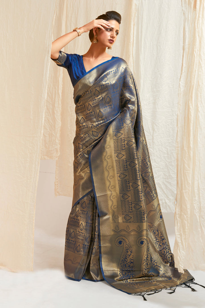 Alluring Blue Color Handloom Zari Weaving Silk Saree With Kanjivaram Blouse