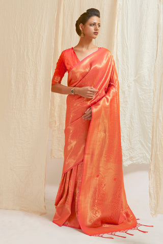 Orange Color Brilliant Handloom Zari Weaving Silk Saree In With Kanjivaram Blouse