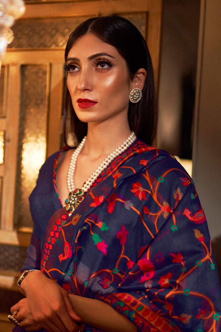 Radiant Blue Color Kashmiri Modal Handloom Weaving Silk Saree