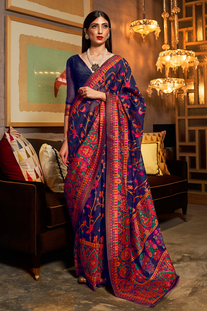 Radiant Blue Color Kashmiri Modal Handloom Weaving Silk Saree