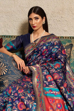 Load image into Gallery viewer, Beguiling Blue Color Kashmiri Modal Handloom Weaving Silk Saree
