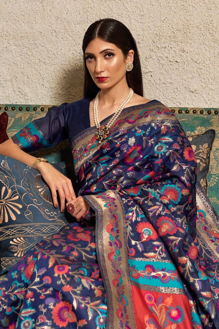 Beguiling Blue Color Kashmiri Modal Handloom Weaving Silk Saree