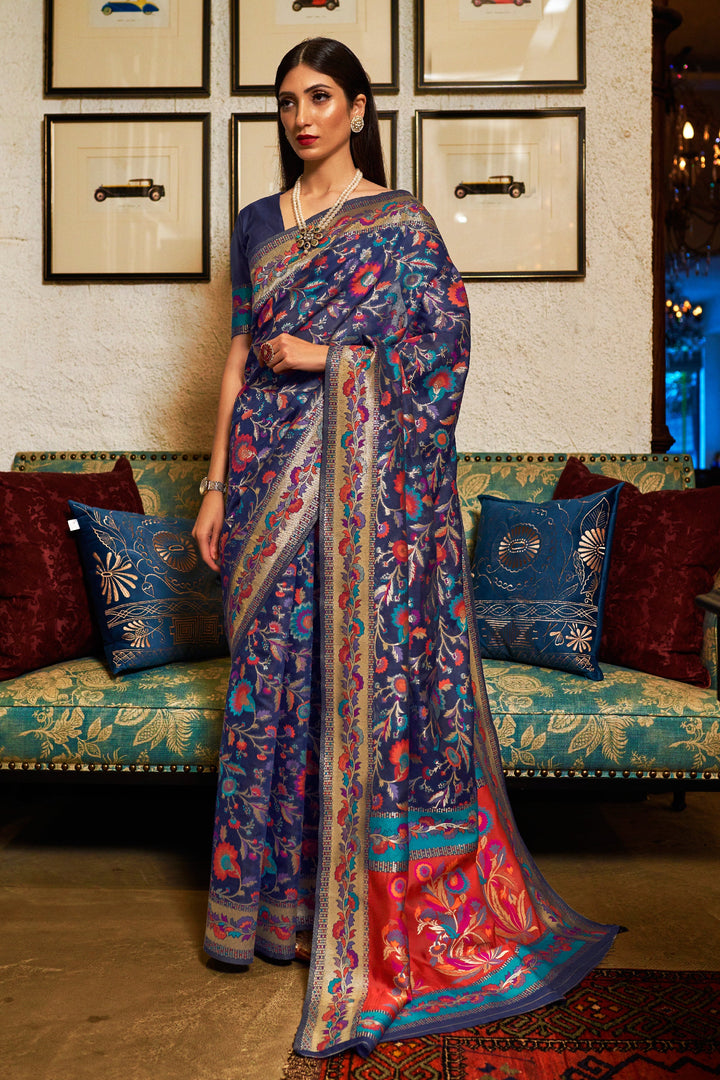 Beguiling Blue Color Kashmiri Modal Handloom Weaving Silk Saree