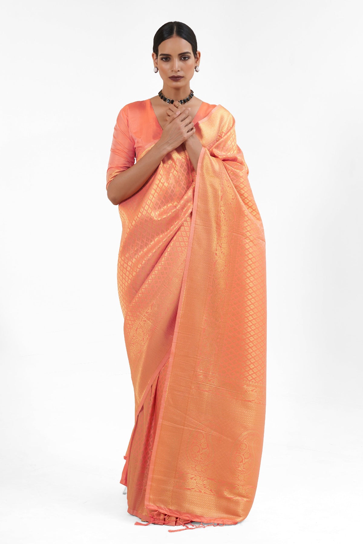 Blazing Peach Color Handloom Weaving Silk Saree