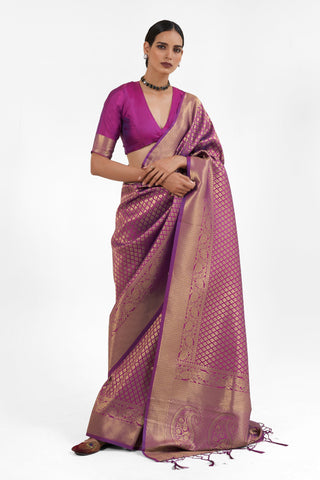 Excellent Silk Purple Color Handloom Weaving Saree