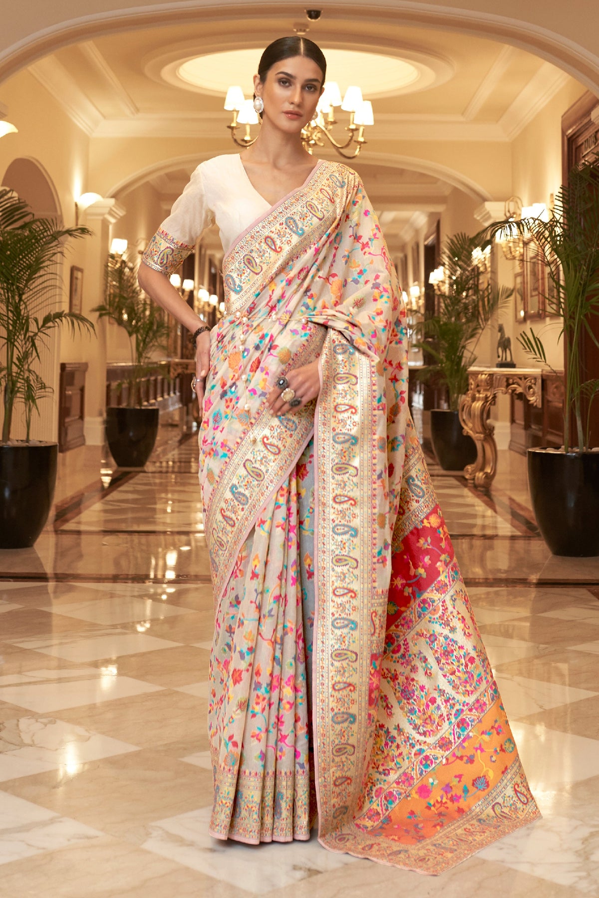 Beige Kashmiri Modal Handloom Weaving Silk Saree