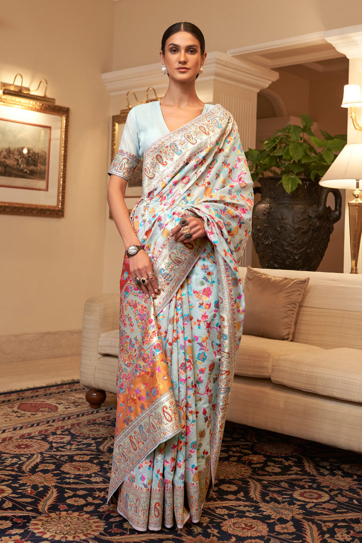 Light Cyan Color Kashmiri Modal Handloom Weaving Silk Saree