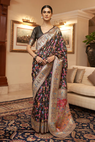 Black Color Kashmiri Modal Handloom Weaving Silk Saree