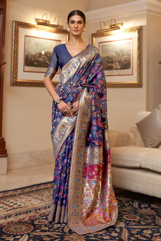 Imposing Kashmiri Modal Handloom Weaving Silk Saree In Navy Blue Color