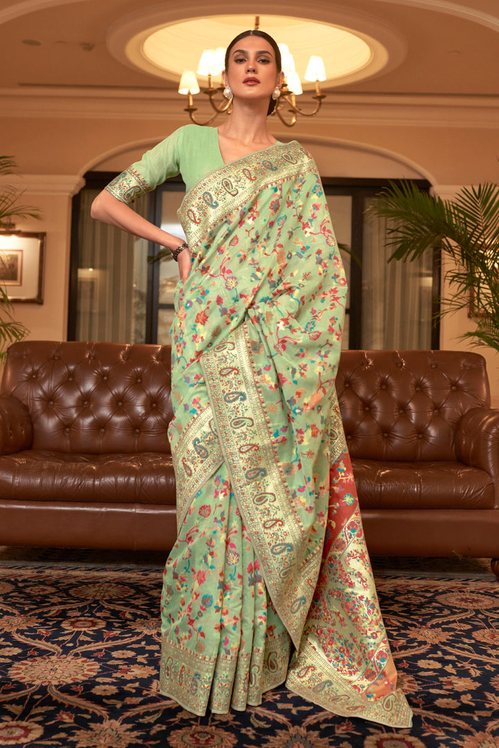 Delicate Sea Green Color Kashmiri Modal Handloom Weaving Silk Saree