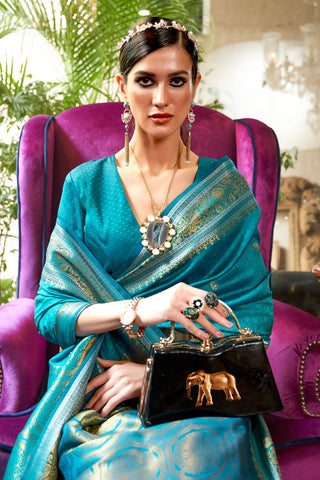 Dazzling Weaving Work Cyan Color Saree In Art Silk Fabric